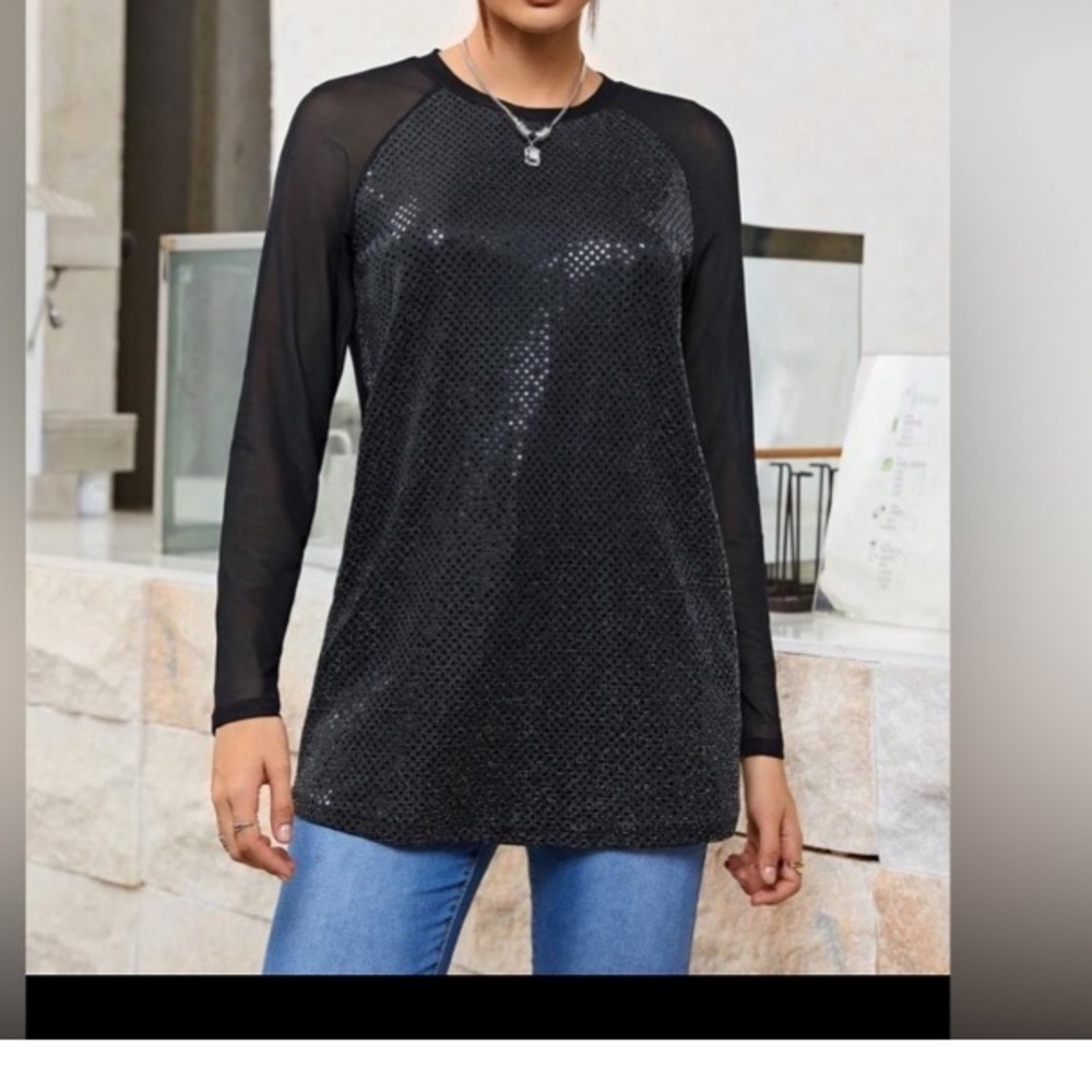 SHEINNeu Contrast Mesh Raglan Sleeve Sequin Top size XS new - Picture 7 of 12